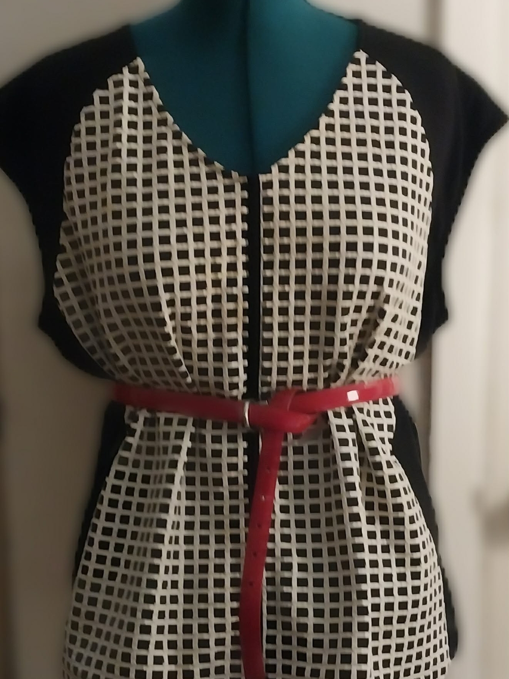 Black & White Grid Cap Sleeve Top with Red Belt